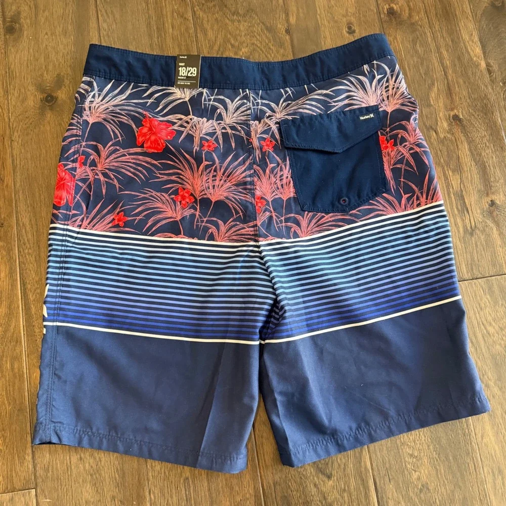 Hurley Board Shorts Kids Size 18/29 Navy Blue New Tropical Floral Striped Trunks